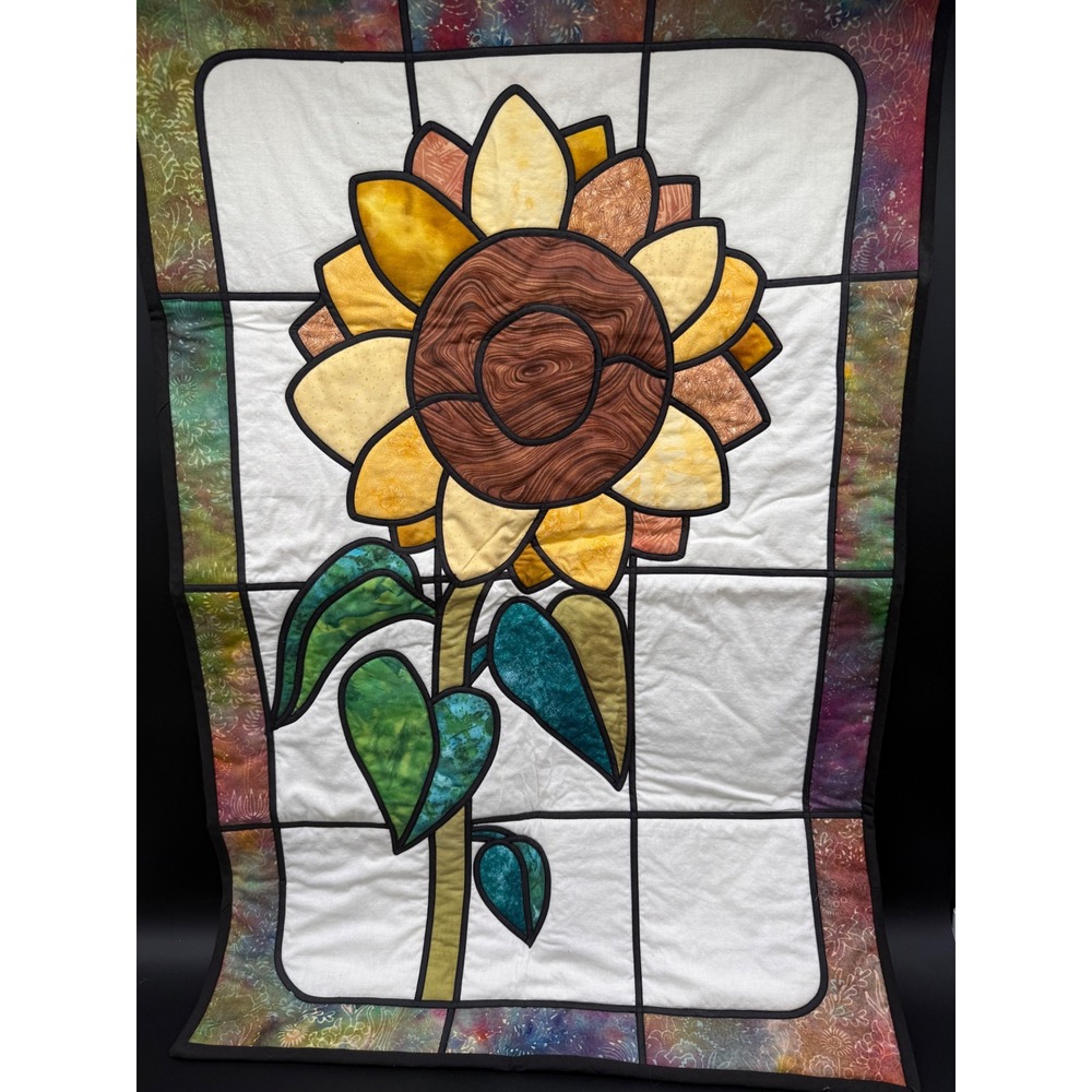 Handmade Sunflower Stained Glass‎ Quilt Wall Hanging 22x33.5" Colorful Batik